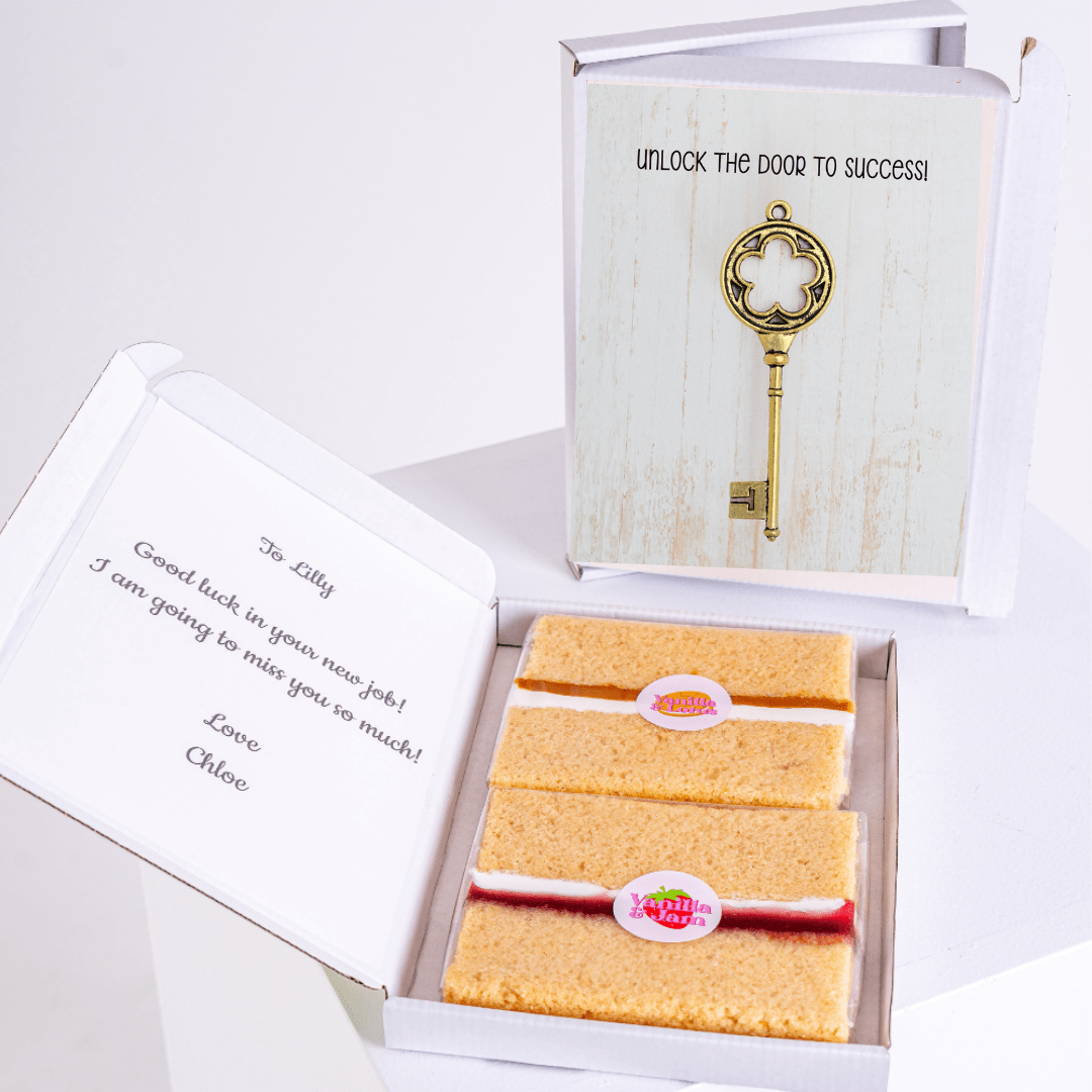 Cake gift for Lilly with key card, good luck message