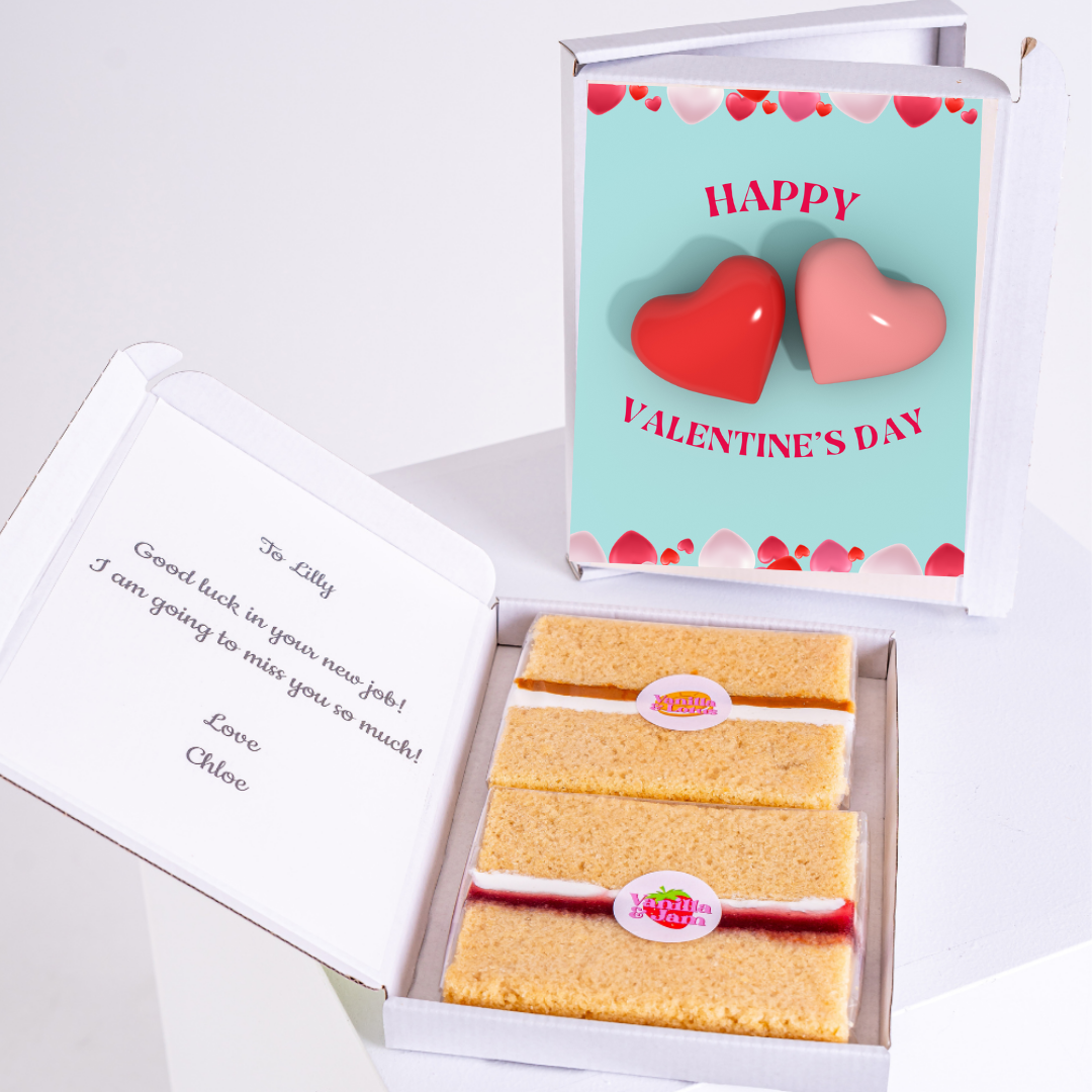 Valentine's Day gift box with cake and message for Lilly