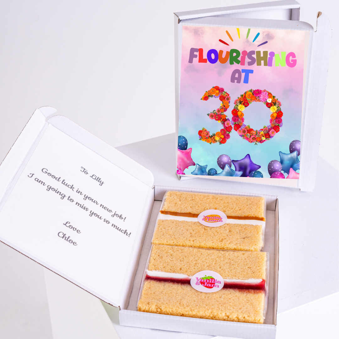 Flourishing at 30 cake box for Lilly, good luck message
