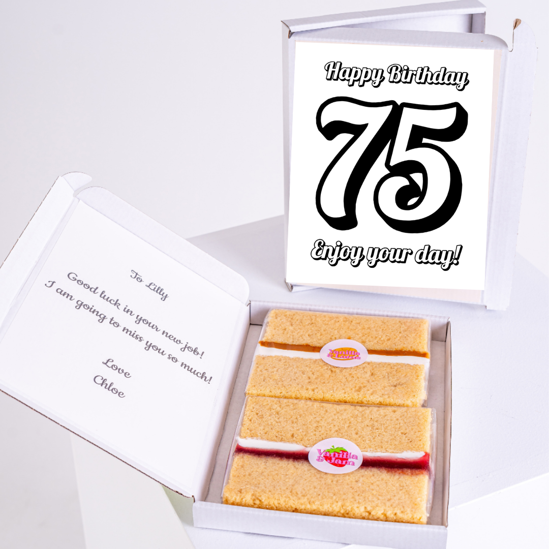 75th birthday cake and card, gift for Lilly, goodbye job.