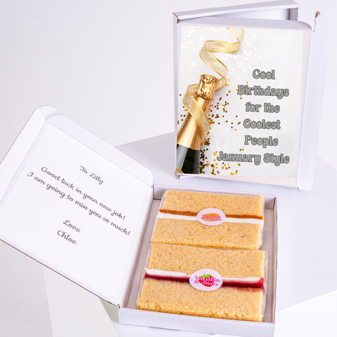 Cake and card gift box with Cool Birthdays message, January style.