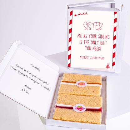 Christmas gift box for sister with cake and message.