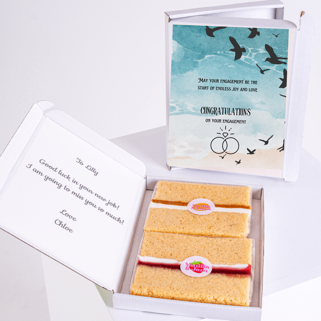 Engagement cake gift box with congratulatory message