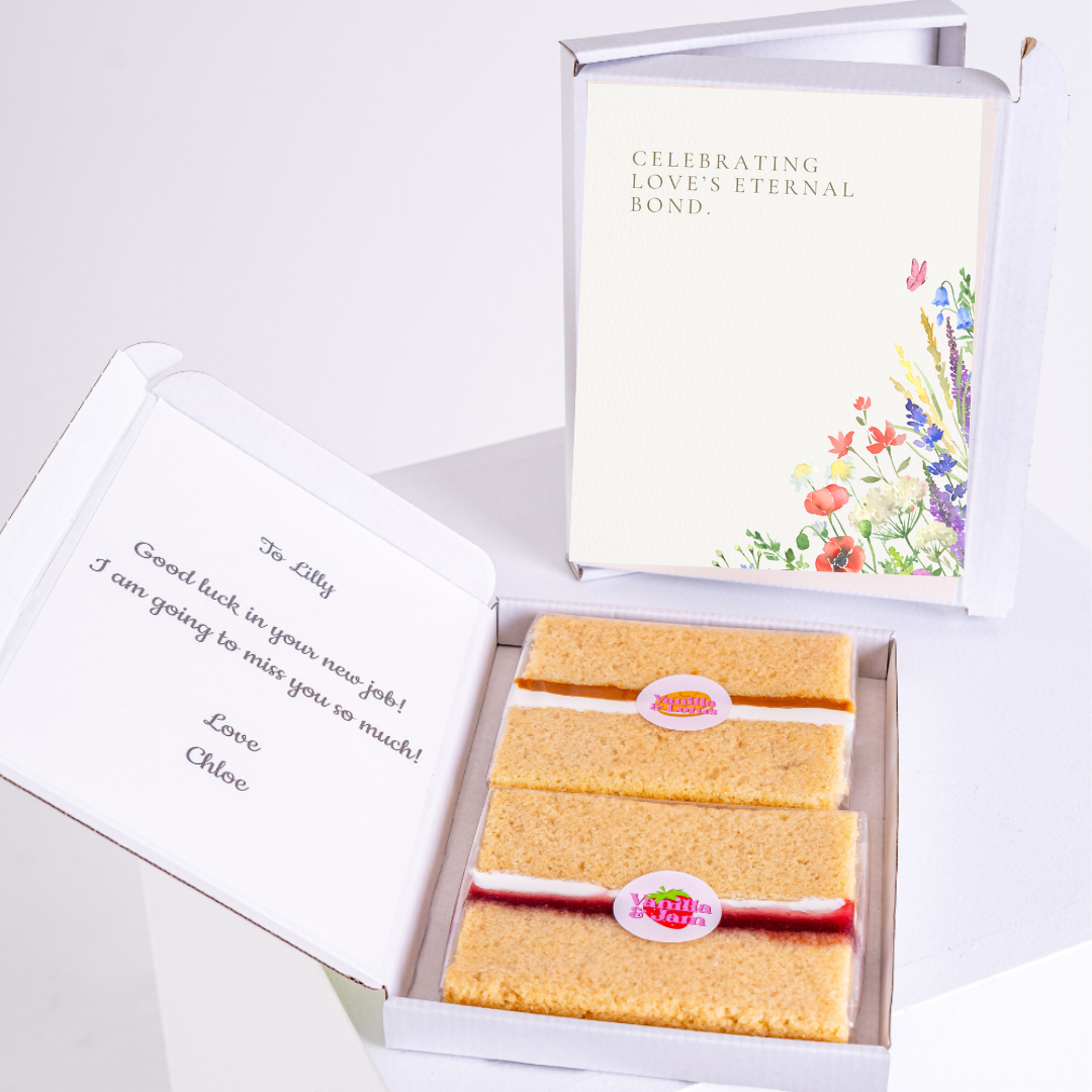 Farewell gift box with cake and message for Lilly