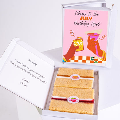 Letterbox cake gift with July birthday card