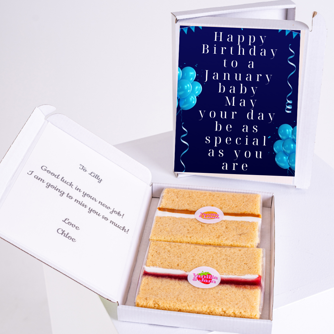 Birthday cake gift box with message for Lilly, January baby.