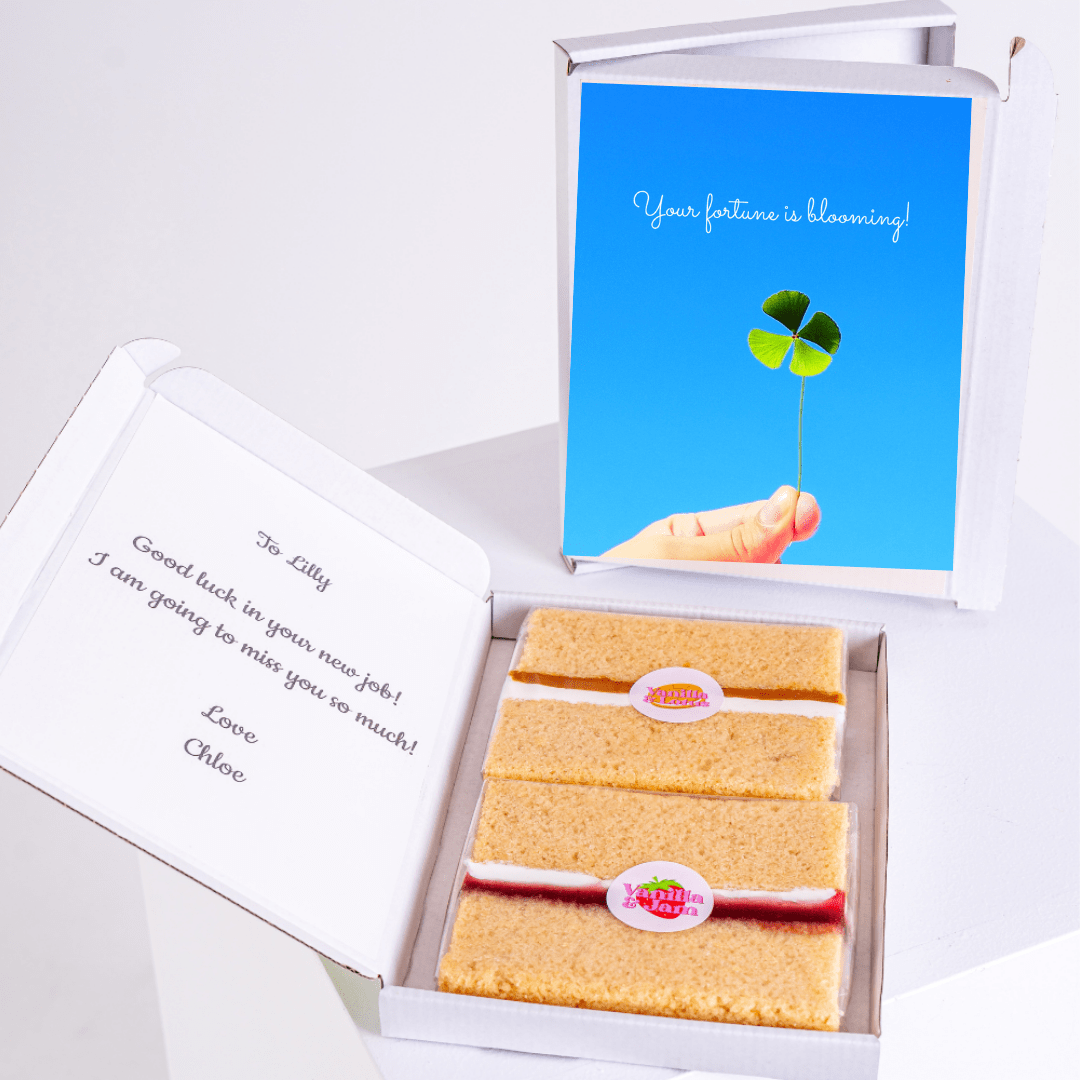 Going away cake gift with Your fortune is blooming card