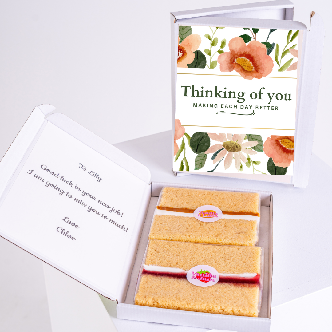 Thinking of you gift box with cake and card, from Chloe to Lilly.