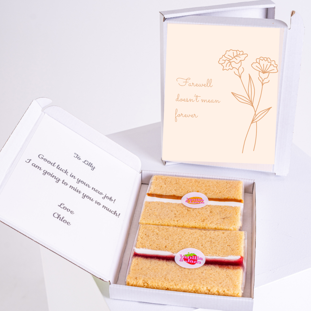 Farewell cake gift box for Lilly with note & flowers