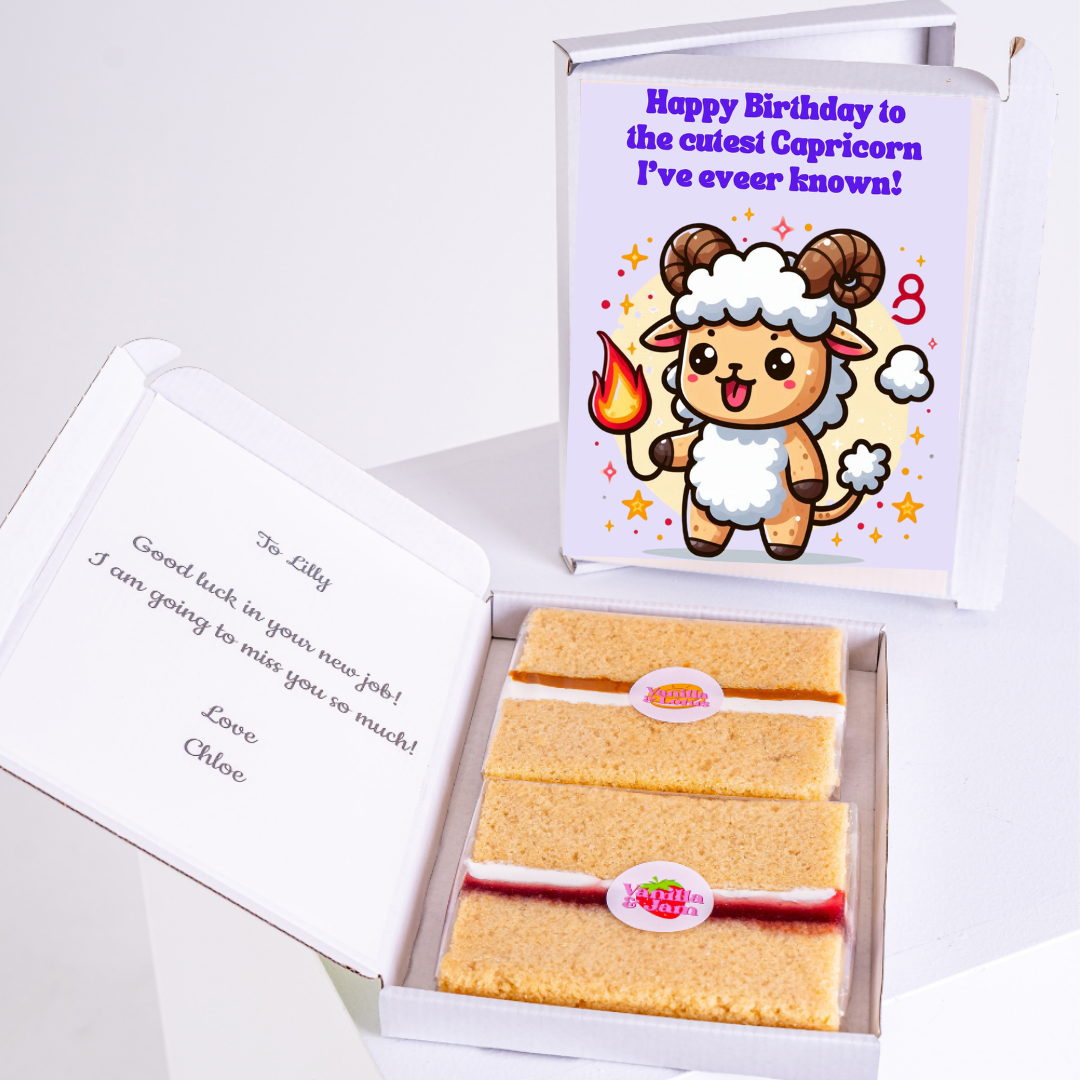 Capricorn birthday card with cake and a note to Lilly.