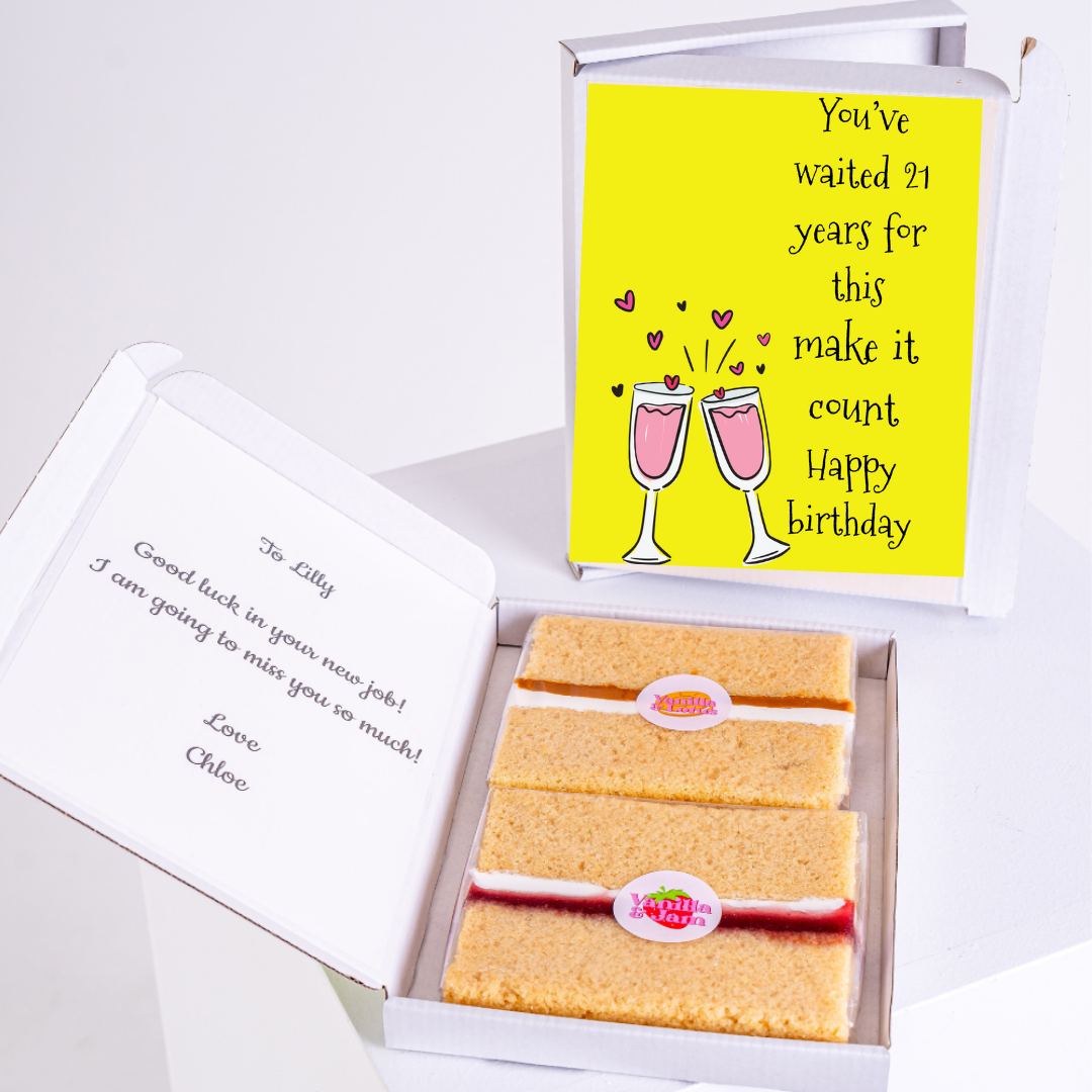 Birthday cake with a Happy Birthday card and a note from Chloe