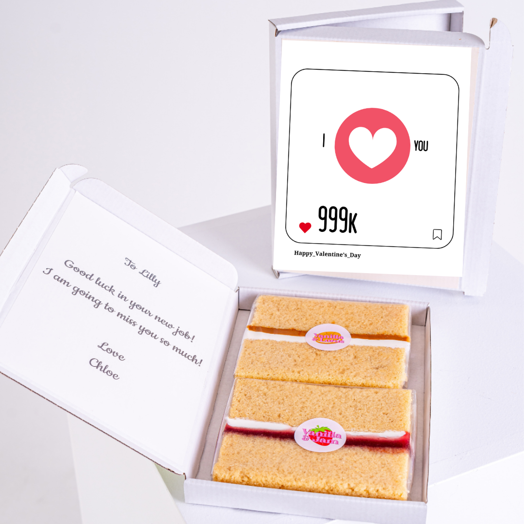 Valentine's Day cake box for Lilly with I love you design and message.
