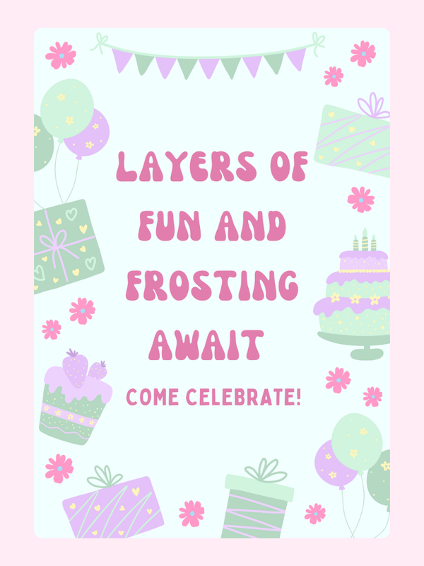 Birthday party invitation with cake, gifts, and balloons.