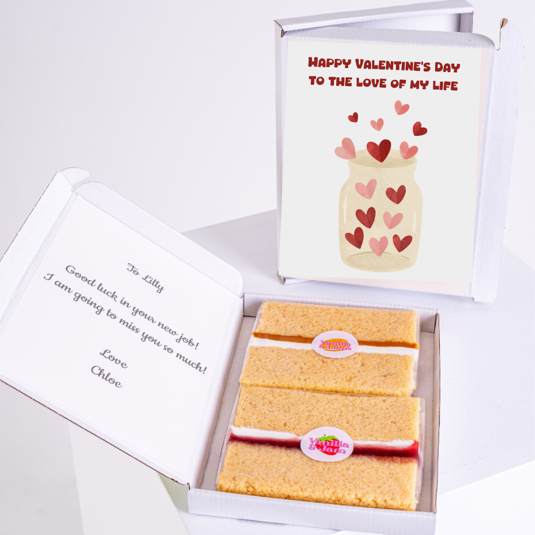 Valentine's Day gift box with cake and card for Lilly.