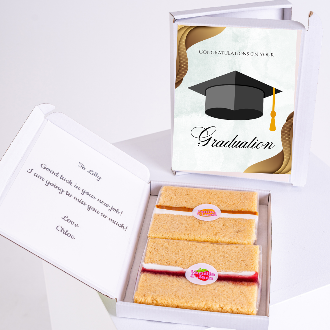 Graduation cake gift box for Lilly, with note.