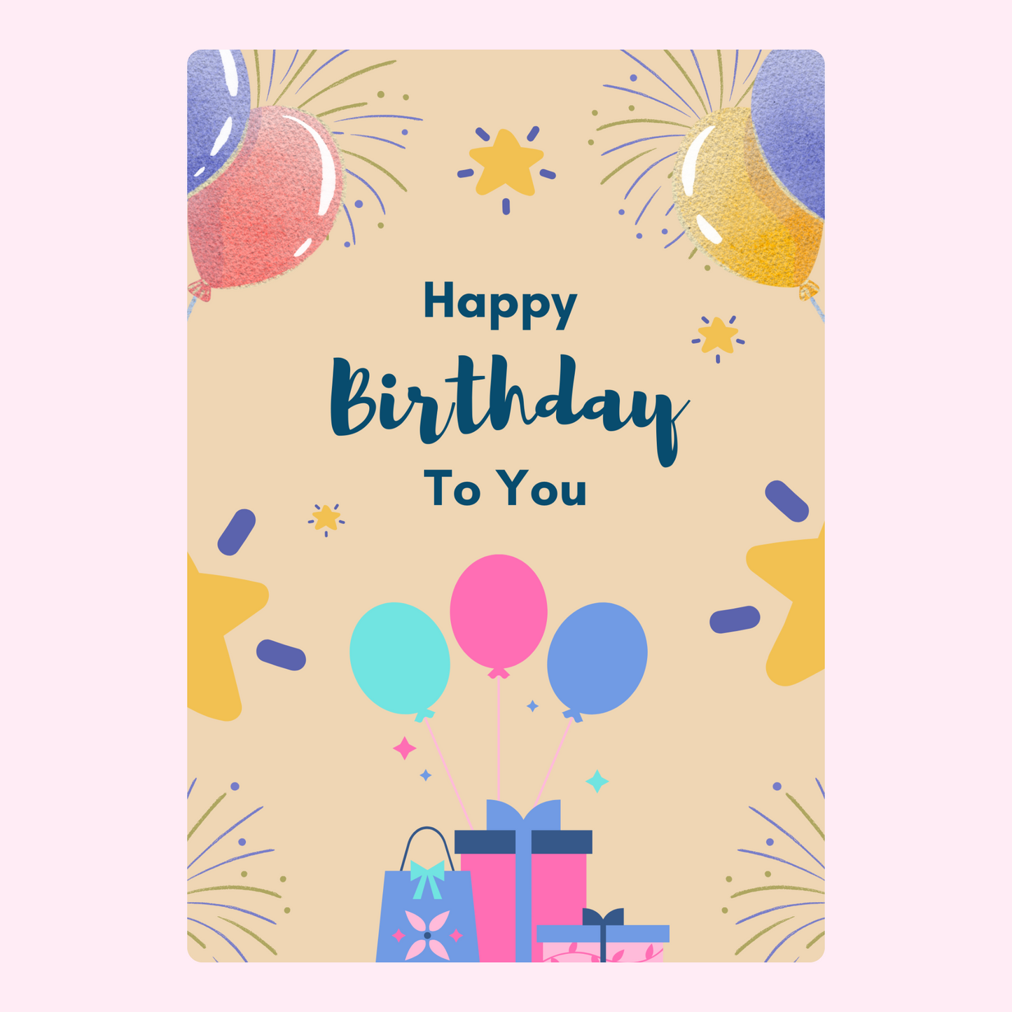 Happy Birthday card with balloons and gifts
