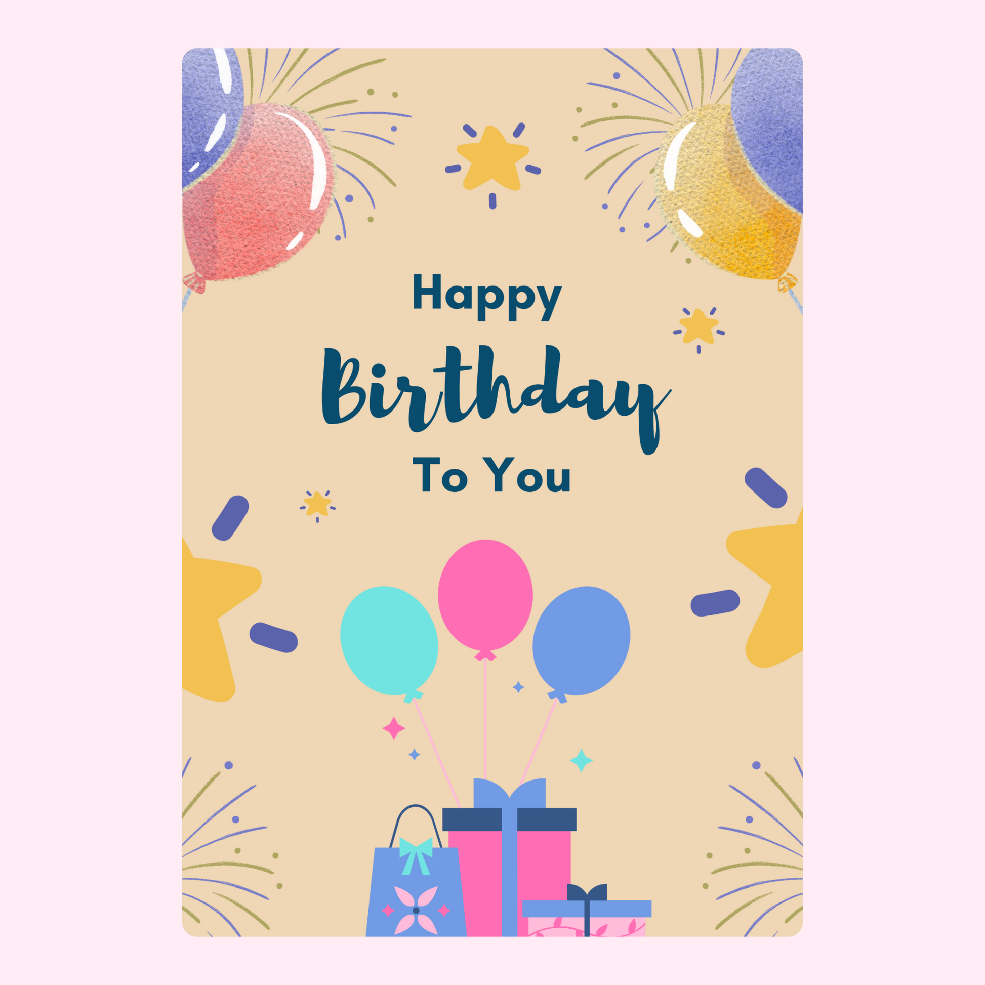 Happy Birthday card with balloons and gifts