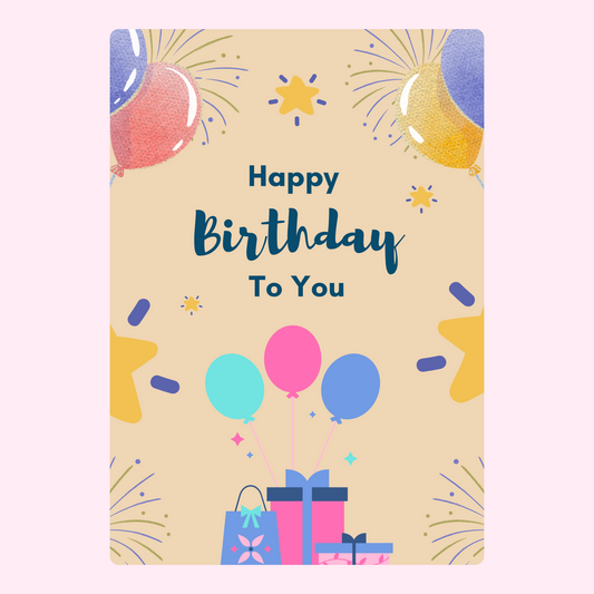 Happy Birthday card with balloons and gifts
