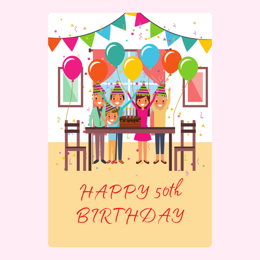 Happy 50th Birthday party with family and balloons