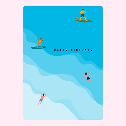 Birthday card with surfers and swimmers