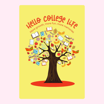 Hello College Life tree with books and apples on yellow.