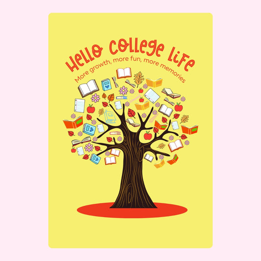 Hello College Life tree with books and apples on yellow.