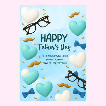 Father's Day card with hearts, glasses, and mustache