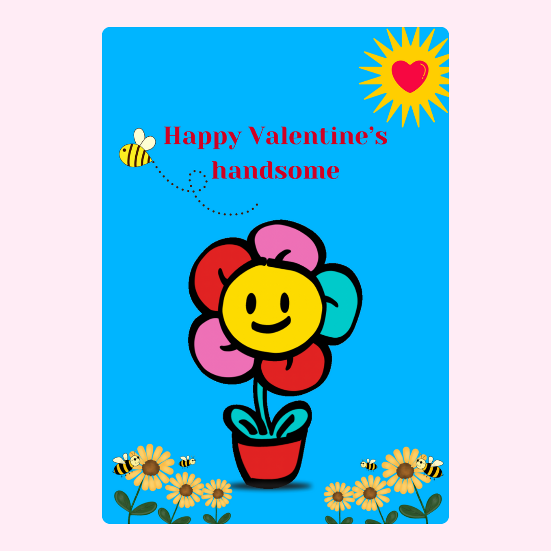 Valentine's Day card with flower, sun, and bees.