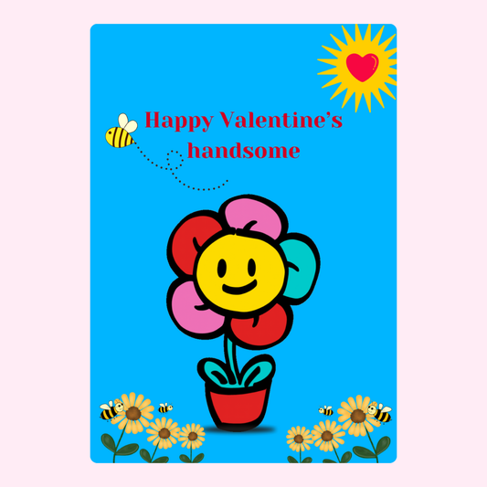 Valentine's Day card with flower, sun, and bees.