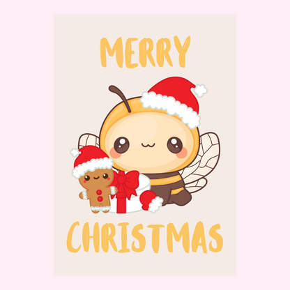 Merry Christmas bee with gift and gingerbread man