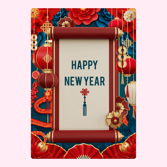 Happy New Year scroll card with Chinese New Year decorations.