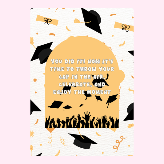 Graduation card with caps, confetti, and You did it! message.