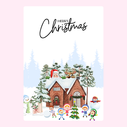 Christmas card with house, Santa, snowman, kids