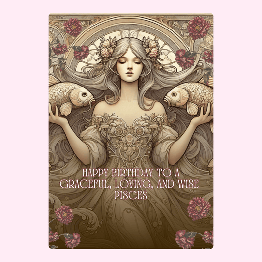 Pisces birthday card with woman holding fish