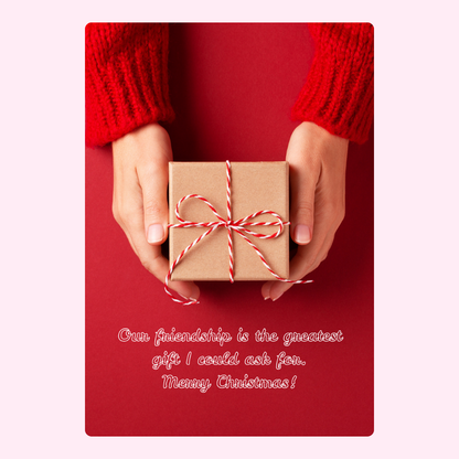Christmas gift being held with a red background
