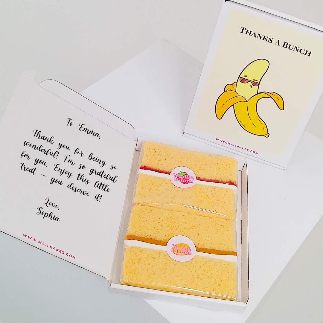 Gift box with cake and Thanks a Bunch card for Emma.
