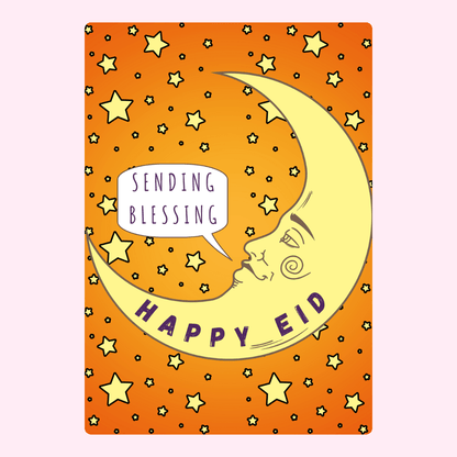 Happy Eid card with moon and stars, sending blessings.