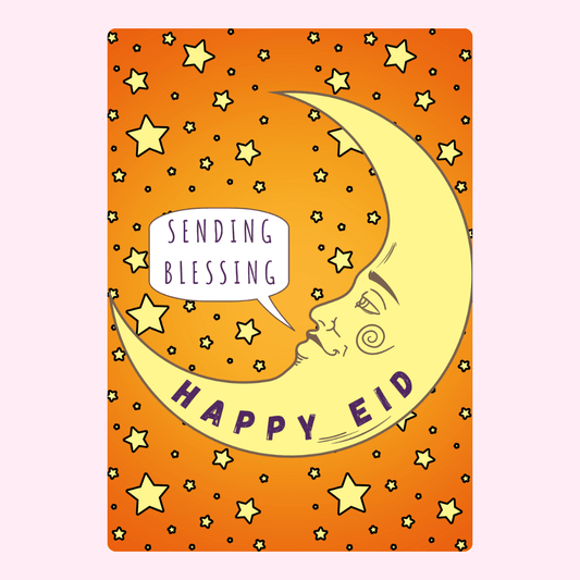 Happy Eid card with moon and stars, sending blessings.