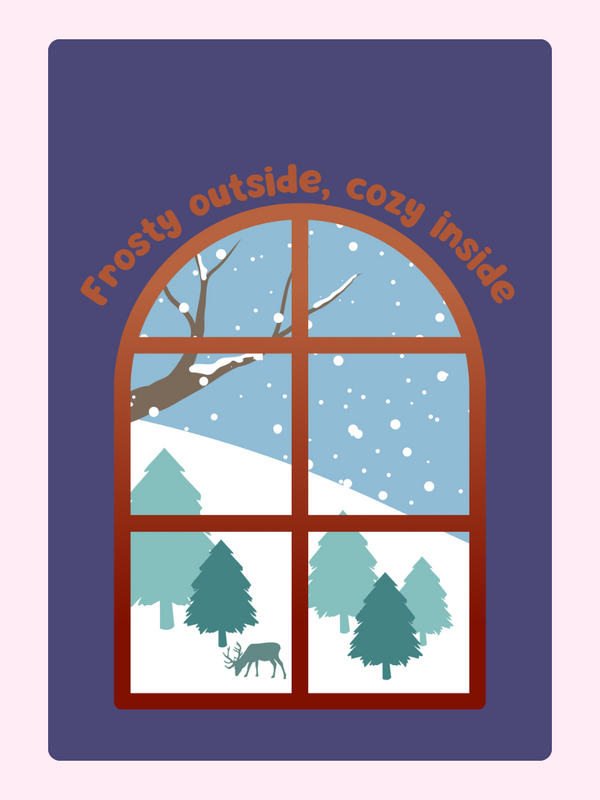 Winter scene through a window, cozy inside.