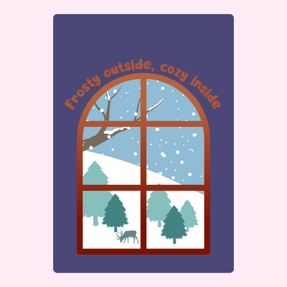 Winter scene through a window, cozy inside.