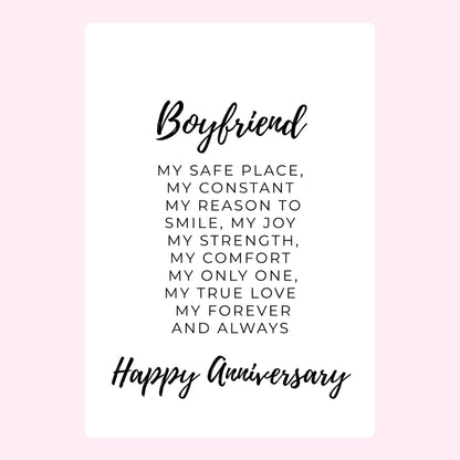 Boyfriend anniversary message with heartfelt romantic words in black text on a white background.