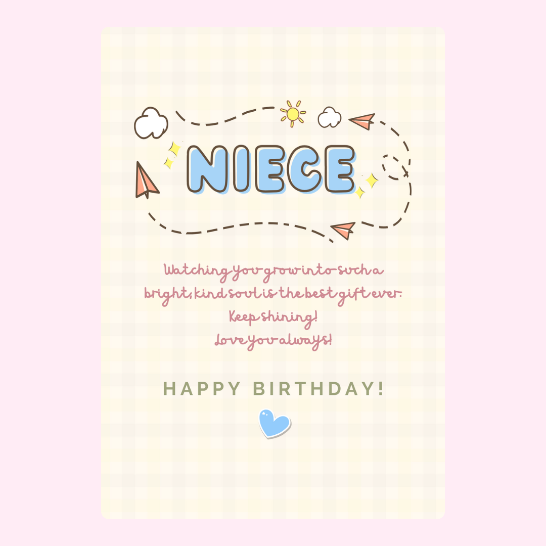 Pastel birthday card with message for niece and cute illustrations.