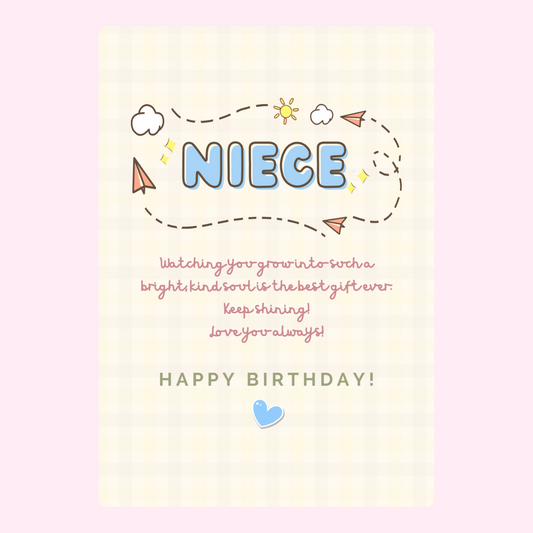 Pastel birthday card with message for niece and cute illustrations.