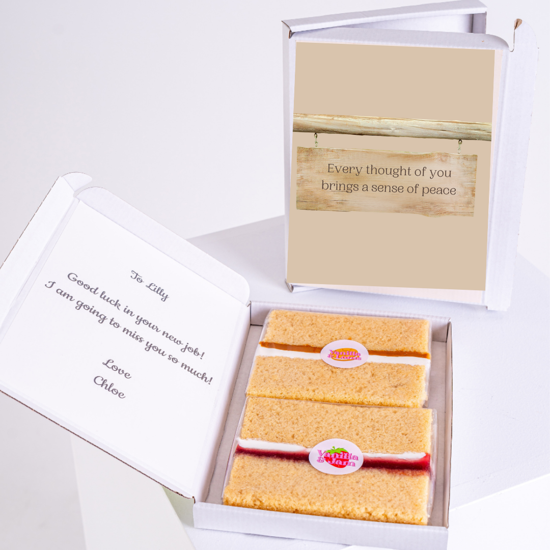 Cake box gift for Lilly, with good luck message and peace card.