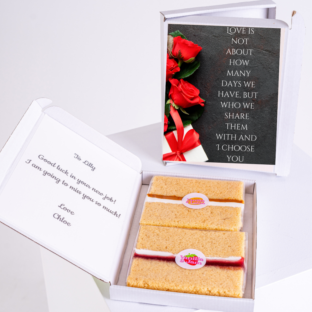 Gift box for Lilly with cake, roses, and a card saying Love is not about how...