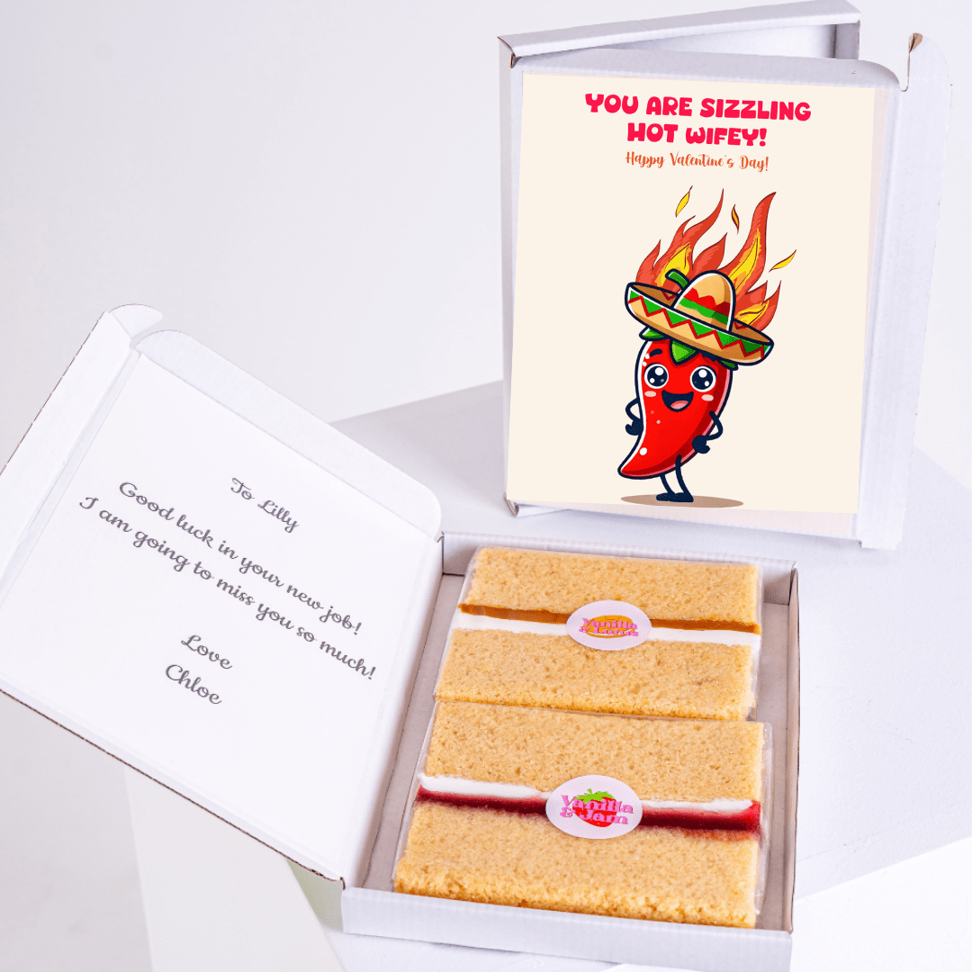 Gift box with cake and You are sizzling hot wifey card
