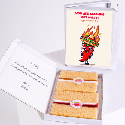 Gift box with cake and You are sizzling hot wifey card