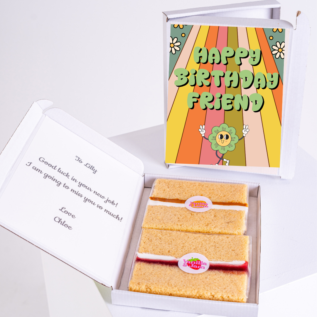 Birthday cake gift box with Happy Birthday Friend card, farewell note to...