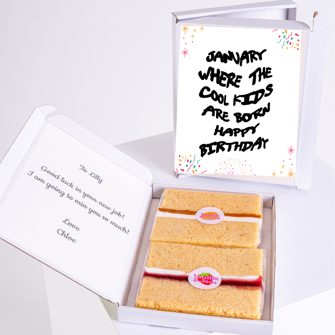 Birthday cake gift box with January Where the Cool Kids are Born card