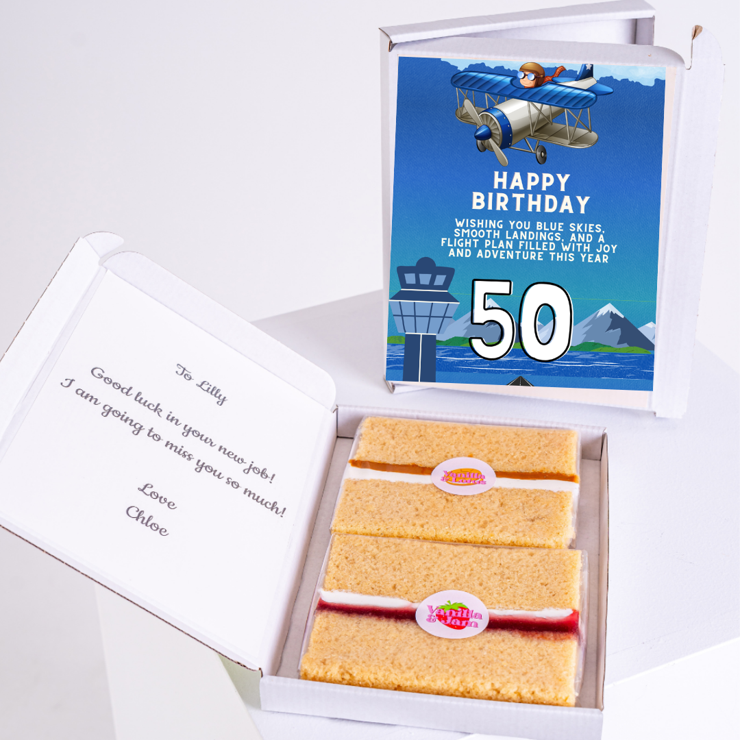 50th birthday gift for Lilly with cake and airplane card